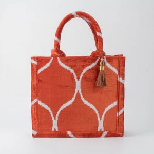 Orange und weiße Buchara Samt Ikat Einkaufstasche - reine Ikat Handtasche, Einkaufstasche, Boho Schultertasche, Damen Ikat Handtasche
