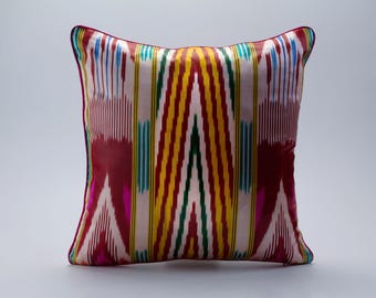 Pink and Gold Silk Ikat Cushion - Traditional Silk Ikat Pillowcase, Uzbek Ikat Throw Pillow Cover, Boho Accent Toss Pillows For Sofa