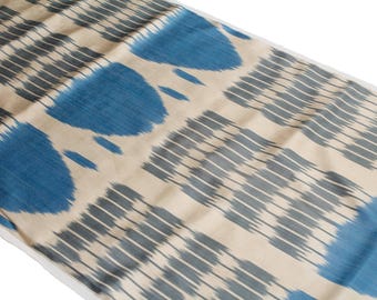 Blue and Beige Silk Ikat Fabric - Natural Ikat Material for Upholstery and Furnishing, Uzbek Fashion and Dressmaking Textile by the Metre