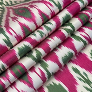 Handwoven Uzbek Silk Ikat Fabric - Pink, Green and Ivory Boho Textile By The Metre, Designer Upholstery and Home Decor Material image 3