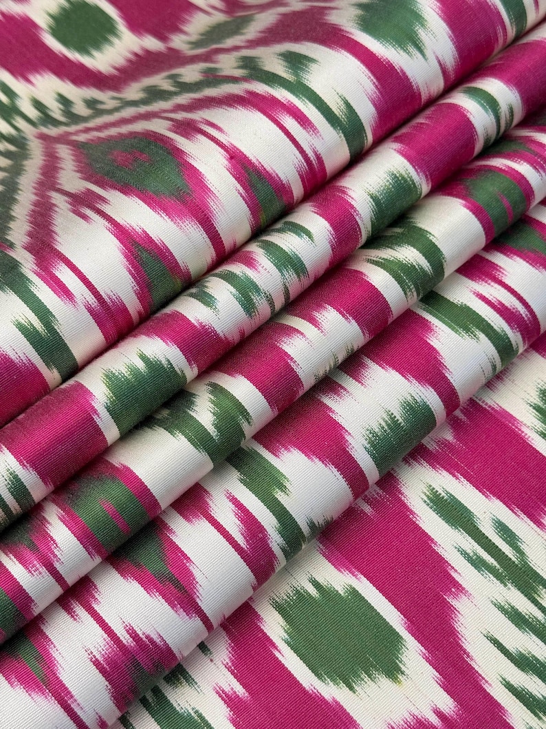 Handwoven Uzbek Silk Ikat Fabric - Pink, Green and Ivory Boho Textile By The Metre, Designer Upholstery and Home Decor Material image 3