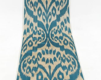 Blue and Beige Silk Ikat Fabric - Natural Ikat Upholstery Material, Boho Silk Textile By The Metre, Ikat Fabric for Dressmaking and Fashion