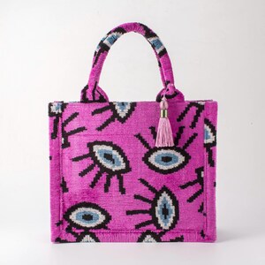 Hell Rosa und Schwarz Bukhara Samt Ikat Einkaufstasche - Bio Ikat Einkaufstasche, Seide Ikat Geldbörse, Boho Chic Handtasche, Usbekische Tragetasche Seide