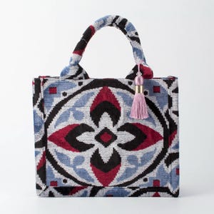 Blau und Rot Buchara Samt Ikat Einkaufstasche - Weiche Ikat Schultertasche, Einkaufstasche, Samt Ikat Geldbörse, Boho Handtasche für Frauen