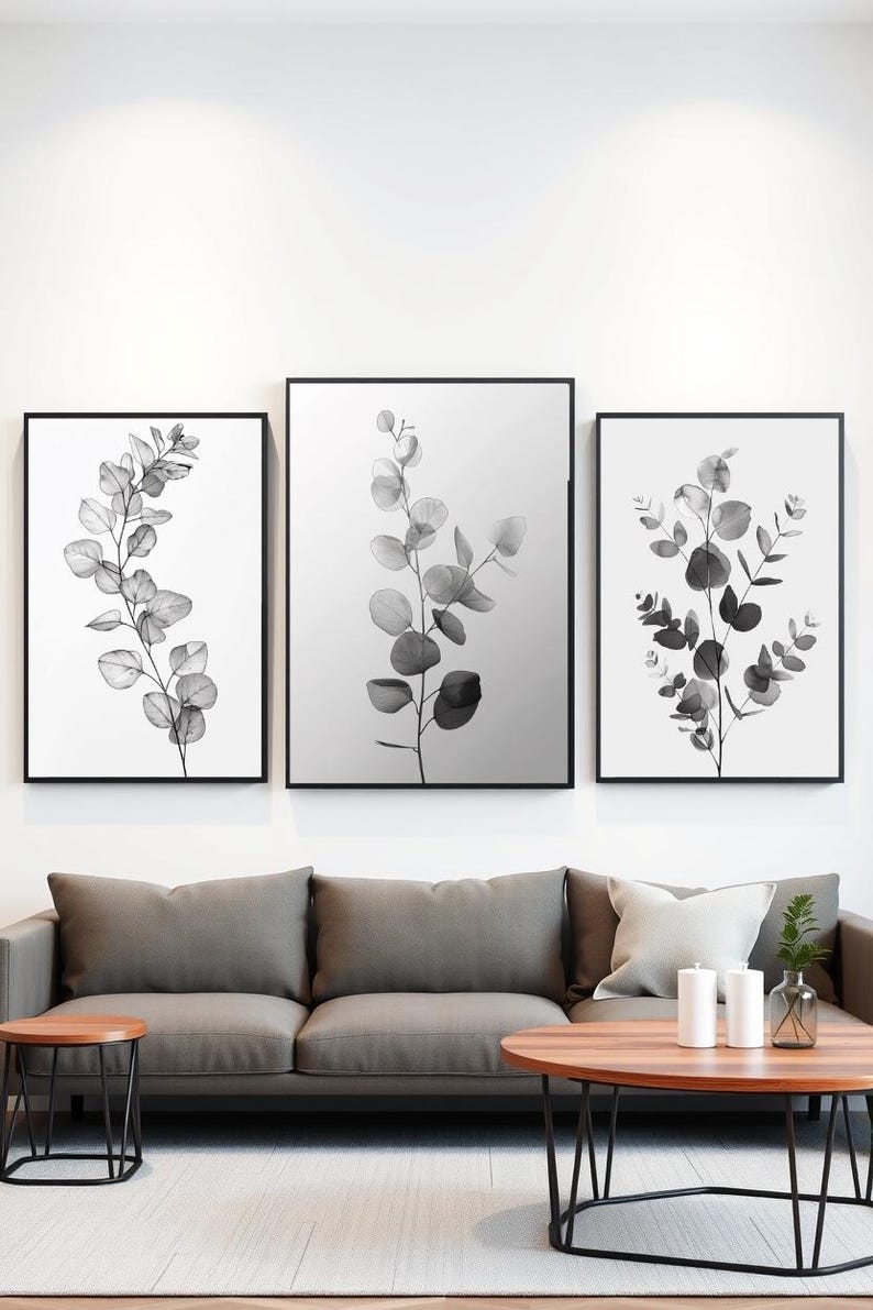 Set of 3 Black and White Digital Posters - Minimalist Botanical Art ... - Young Scandinavian Style Wall Decor