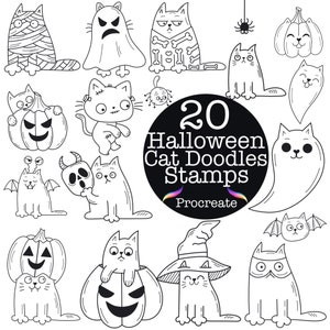 Halloween Cat Doodle Procreate Stamps • Cute Kawaii • Procreate Brushes • Spooky Kitten Kitty Cat Doodles • Outline Minimalistic Line Art •