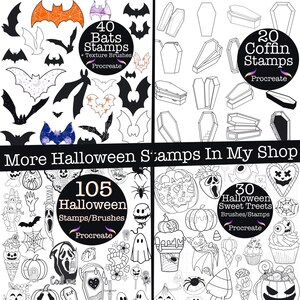 Puede incluir: Una colecci&oacute;n de sellos y pinceles digitales con tem&aacute;tica de Halloween. La imagen presenta conjuntos de sellos de murci&eacute;lagos, ata&uacute;des y varias ilustraciones de Halloween, incluyendo calabazas, fantasmas y dulces. El texto incluye "40 Bats Stamps", "20 Coffin Stamps", "105 Halloween Stamps/Brushes", y "30 Halloween Sweet Treets".