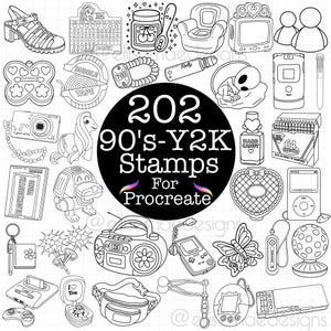 Y2K 90's 2000's Nostalgia Vintage Procreate Stamps Digital Art Fine Line Doodle Tattoo Jelly Shoe Inflatable Polly Pocket 1990 Old School