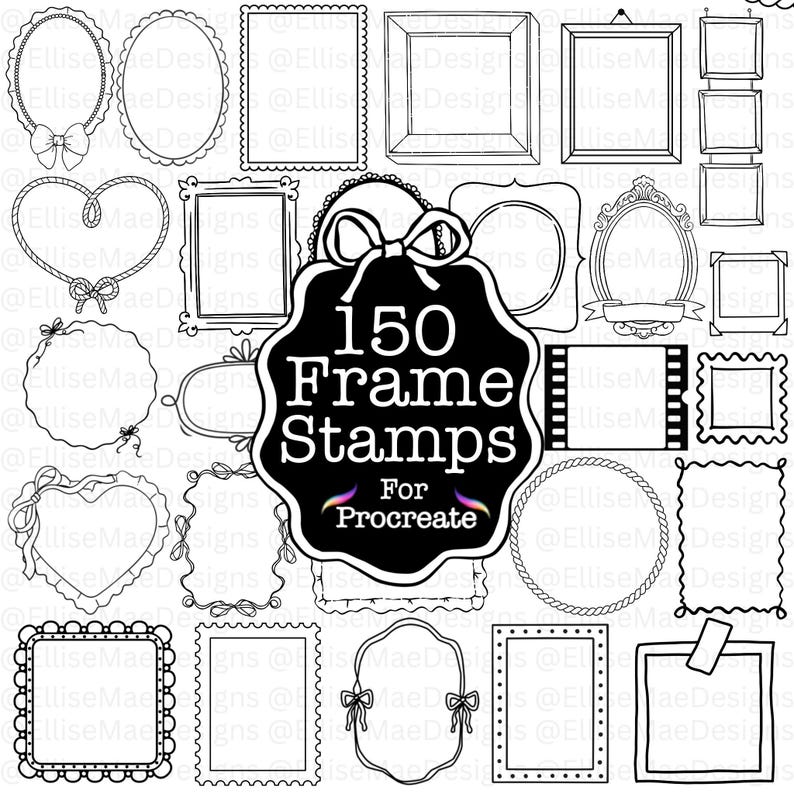 A large 1000+ Procreate Stamp Bundle collage showcasing multiple stamp sets including frames, wreaths, stars, mushrooms, flowers, banners, hearts, doodles, wildflower borders, lockets, fine-line florals, and postage stamps. Black and white digital stamp previews arranged around a bold central title. Ideal for artists, Procreate users, digital planners, and designers looking for a massive stamp collection.