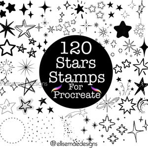 May include: A collection of 120 star stamps for Procreate, in various styles, including solid, outlined, and dotted designs. The image features a black circle with white text, surrounded by numerous black and white star illustrations.