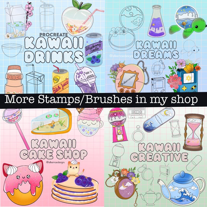 May include: A digital art illustration featuring various kawaii-style designs. The image includes drawings of drinks, desserts, and other cute objects. Text includes "KAWAII DRINKS", "KAWAII DREAMS", "KAWAII CAKE SHOP", and "KAWAII CREATIVE".