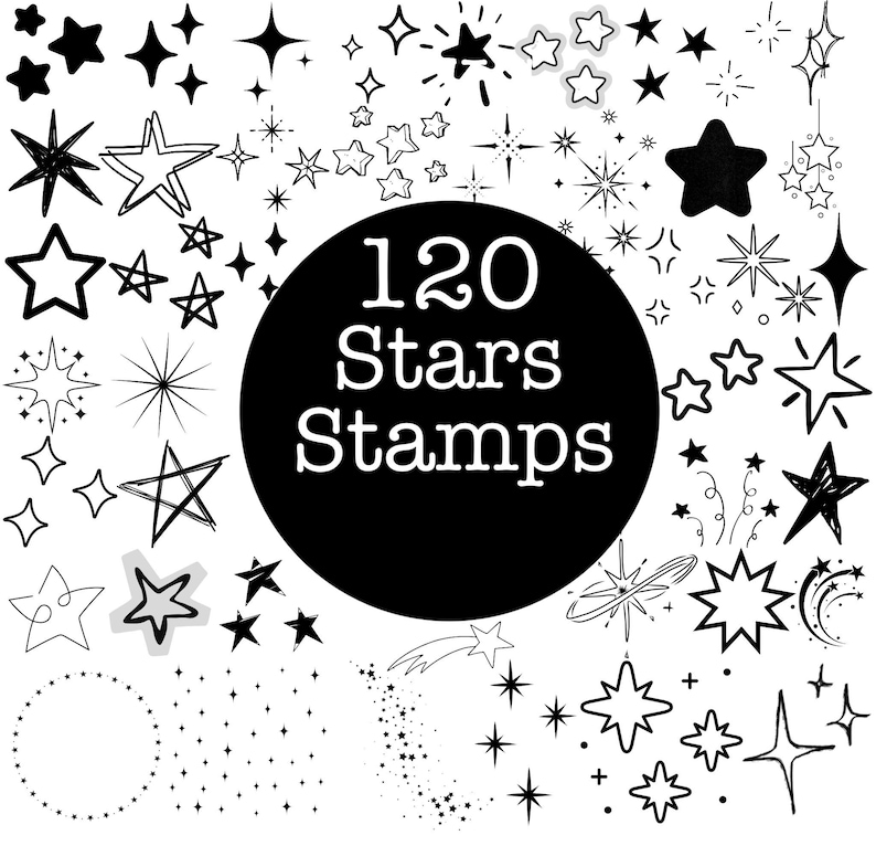 A large 1000+ Procreate Stamp Bundle collage showcasing multiple stamp sets including frames, wreaths, stars, mushrooms, flowers, banners, hearts, doodles, wildflower borders, lockets, fine-line florals, and postage stamps. Black and white digital stamp previews arranged around a bold central title. Ideal for artists, Procreate users, digital planners, and designers looking for a massive stamp collection.