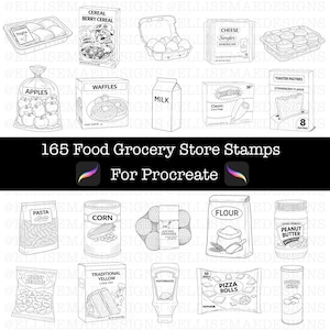 May include: Black and white line art of various grocery items, including cereal, eggs, apples, waffles, milk, corn dogs, toaster pastries, pasta, corn, oranges, flour, peanut butter, candy hearts, cake mix, mayonnaise, pizza rolls, and potato chips. Text reads "165 Food Grocery Store Stamps For Procreate."