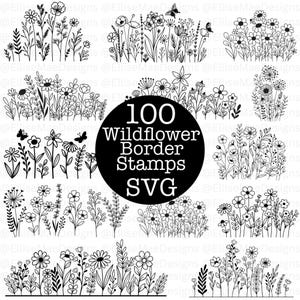 Puede incluir: Ilustraciones en blanco y negro de varios sellos de borde de flores silvestres. La imagen incluye una variedad de diseños florales, incluyendo margaritas y otras flores silvestres, con mariposas. El texto "100 Wildflower Border Stamps SVG" está en el centro.