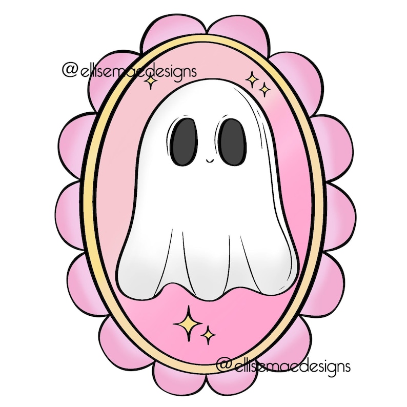 Puede incluir: Ilustraci&oacute;n de un fantasma de dibujos animados dentro de un marco ovalado rosa con un borde festoneado. El fantasma es blanco con ojos negros y una peque&ntilde;a sonrisa. El marco tiene un borde dorado y el texto "@ellissmaedesigns".