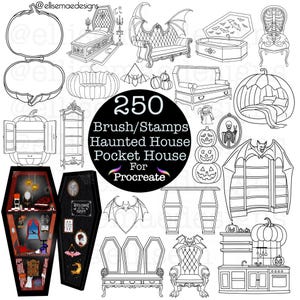 May include: Line art illustrations of Halloween-themed furniture and decor, including a coffin, sofa with bat wings, and a bed. The image also features pumpkins, a skeleton, and the text "250 Brush/Stamps Haunted House Pocket House For Procreate."