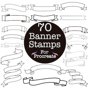 May include: An illustration showcasing 70 banner stamps for Procreate, presented in black and white. The image includes diverse banner designs, such as ribbons and scrolls, with the text "70 Banner Stamps For Procreate" in a central circle.