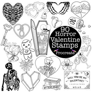 May include: A set of 90 black and white digital stamps for Procreate featuring a horror Valentine's Day theme. The stamps include hearts, skeletons, coffins, a voodoo doll, a spider web, a key, a noose, a potion bottle, a grenade, a Ouija board, and more.