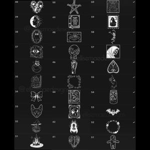Puede incluir: Una colecci&oacute;n de ilustraciones de l&iacute;nea blanca sobre un fondo negro. Las im&aacute;genes incluyen una variedad de s&iacute;mbolos g&oacute;ticos y de brujer&iacute;a, como un coraz&oacute;n con una calavera, un pentagrama, un libro, un fantasma, un ojo, una botella, un gato, una bruja, velas y un murci&eacute;lago.