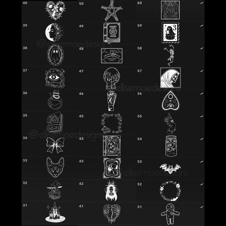 Puede incluir: Una colecci&oacute;n de ilustraciones de l&iacute;nea blanca sobre un fondo negro. Las im&aacute;genes incluyen una variedad de s&iacute;mbolos g&oacute;ticos y de brujer&iacute;a, como un coraz&oacute;n con una calavera, un pentagrama, un libro, un fantasma, un ojo, una botella, un gato, una bruja, velas y un murci&eacute;lago.