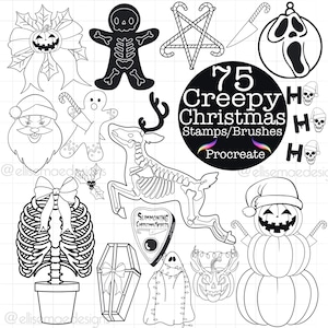 May include: A set of 75 black and white digital stamps and brushes for Procreate featuring creepy Christmas themes. The images include a skeleton reindeer, a ghost, a pumpkin, a gingerbread man, a skull, a coffin, a Christmas wreath, a candy cane, and a pentagram.