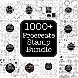 Op de afbeelding: Een digitale stempelbundel voor Procreate met meer dan 1000 stempels. De collectie bevat kransen, frames, postzegels, bloemen fotolijsten, medaillons, fijne bloemenlijnen, paddenstoelen, doodles, sterren, banners, frill/ruffle harten en wilde bloemen.