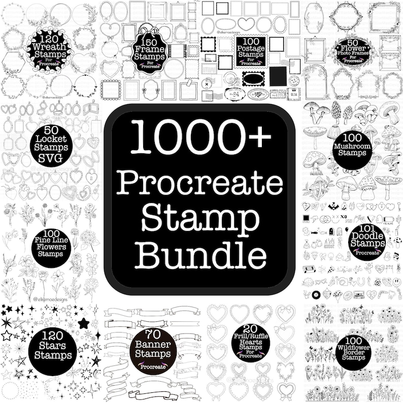 A large 1000+ Procreate Stamp Bundle collage showcasing multiple stamp sets including frames, wreaths, stars, mushrooms, flowers, banners, hearts, doodles, wildflower borders, lockets, fine-line florals, and postage stamps. Black and white digital stamp previews arranged around a bold central title. Ideal for artists, Procreate users, digital planners, and designers looking for a massive stamp collection.