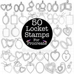 May include: A set of 50 black and white locket stamps for Procreate, featuring various shapes and designs, including hearts, circles, and rectangles.