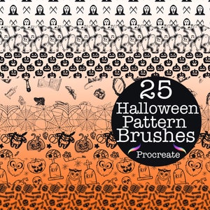 May include: A set of 25 Halloween pattern brushes for Procreate, featuring spooky designs like ghosts, pumpkins, bats, spiders, and more. The brushes are perfect for creating festive digital art and crafts.