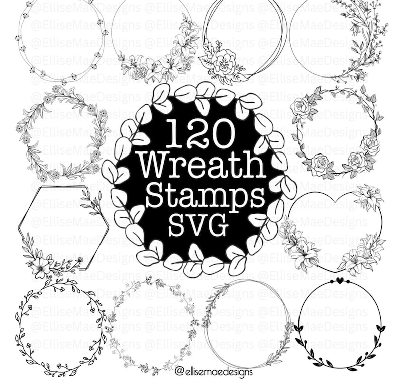 A large 1000+ Procreate Stamp Bundle collage showcasing multiple stamp sets including frames, wreaths, stars, mushrooms, flowers, banners, hearts, doodles, wildflower borders, lockets, fine-line florals, and postage stamps. Black and white digital stamp previews arranged around a bold central title. Ideal for artists, Procreate users, digital planners, and designers looking for a massive stamp collection.