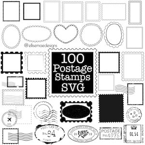 Pode incluir: Uma coleção de designs de selos postais em preto e branco em várias formas e tamanhos. Inclui selos quadrados, ovais, em forma de coração e retangulares, alguns com bordas onduladas. O texto "100 Postage Stamps SVG" é exibido de forma proeminente.