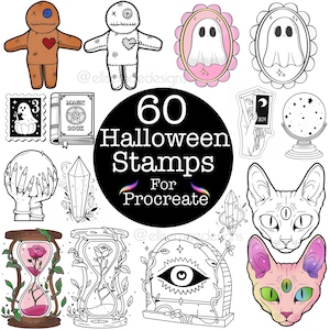May include: A selection of 60 Halloween stamps for Procreate. The image showcases illustrations of voodoo dolls, ghosts, a magic book, tarot cards, a crystal ball, a crystal, an hourglass, and a cat.