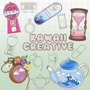 May include: Kawaii Creative text with a pink gumball machine, a blue pill with a moon and clouds, a pink hourglass with stars, a white TV, a blue teapot with a moon and waves, a white teacup, a white locket with a moon and stars, a white ring, a white locket with flowers, and a white outline of a gumball machine.