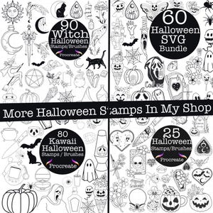 May include: A collection of black and white Halloween-themed digital stamps and brushes. The image includes various designs such as witch-related items, kawaii elements, and SVG bundles. Text includes "90 Witch Halloween Stamps/Brushes", "60 Halloween SVG Bundle", "80 Kawaii Halloween Stamps/Brushes", and "25 Halloween Stamps/Brushes".