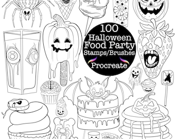 Puede incluir: Un conjunto de 100 sellos y pinceles de fiesta de comida de Halloween en blanco y negro para Procreate. Los sellos presentan varios artículos de comida con temática de Halloween, incluyendo una araña, una calabaza, una magdalena, una serpiente, un pastel, una fresa, una pila de panqueques y una pizza.