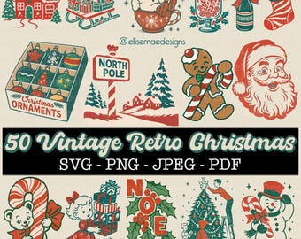 May include: A collection of vintage Christmas-themed illustrations in red, green, and beige. The image includes a gingerbread house, Santa Claus, ornaments, and the text "50 Vintage Retro Christmas SVG - PNG - JPEG - PDF".