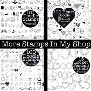 May include: A digital art collection featuring four panels of doodle stamps for Procreate. The stamps include hearts, lockets, and various other designs. Text on the image reads "101 Doodle Stamps," "100 Heart Doodle Stamps," "100 Doodle Stamps," and "15 Locket Pendant Stamps."