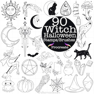 Puede incluir: Un conjunto de 90 ilustraciones en blanco y negro con temática de brujas y Halloween para Procreate. Las ilustraciones incluyen una bruja en una escoba, un caldero, una luna creciente, una telaraña, un gato, una botella de poción, una calabaza, un sombrero de bruja, una rana, un sol, una mano, una daga, un cristal, un hongo, una vela, un mortero y un pilón, un pentagrama, y más.