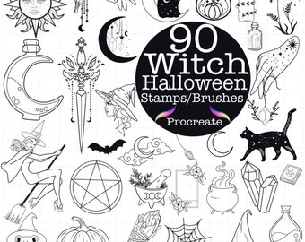 Pinceles de bruja de Halloween para Procreate: 90 sellos, calabaza, cristal (descarga digital)
