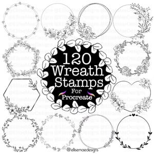 A large 1000+ Procreate Stamp Bundle collage showcasing multiple stamp sets including frames, wreaths, stars, mushrooms, flowers, banners, hearts, doodles, wildflower borders, lockets, fine-line florals, and postage stamps. Black and white digital stamp previews arranged around a bold central title. Ideal for artists, Procreate users, digital planners, and designers looking for a massive stamp collection.
