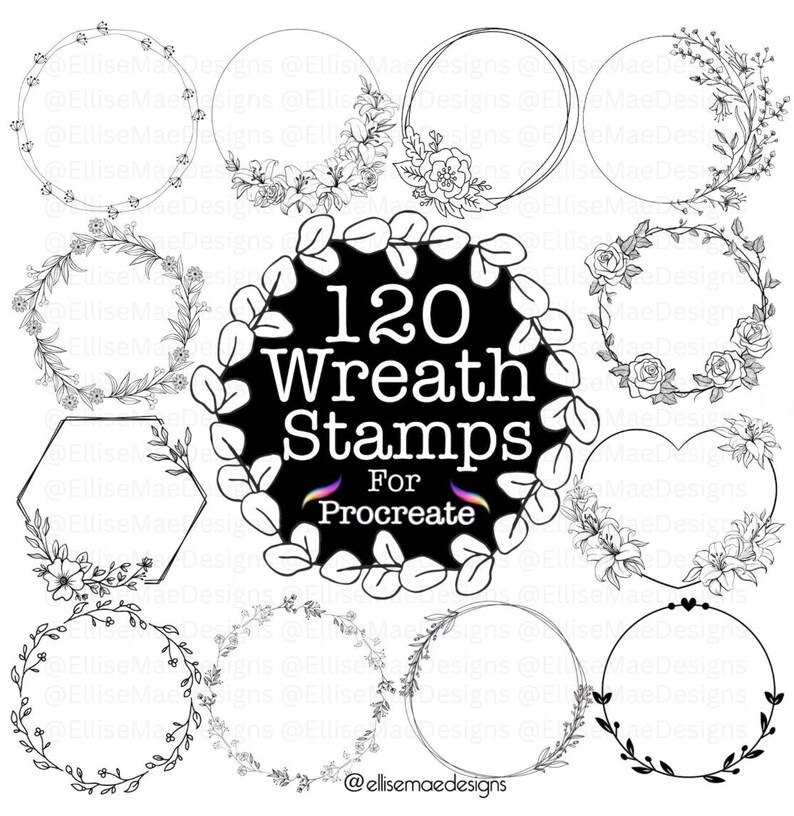 A large 1000+ Procreate Stamp Bundle collage showcasing multiple stamp sets including frames, wreaths, stars, mushrooms, flowers, banners, hearts, doodles, wildflower borders, lockets, fine-line florals, and postage stamps. Black and white digital stamp previews arranged around a bold central title. Ideal for artists, Procreate users, digital planners, and designers looking for a massive stamp collection.