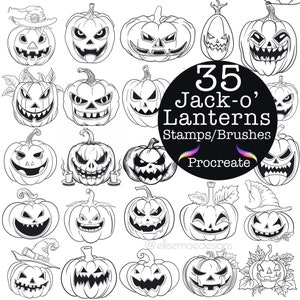 May include: A set of 35 black and white Jack-o'-Lantern stamps and brushes for Procreate. The illustrations feature various spooky and whimsical jack-o'-lantern faces.