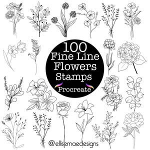 May include: A collection of 100 fine line flower stamps for Procreate. The image features various floral illustrations in black and white, including roses, lilies, and other botanical designs. The text "100 Fine Line Flowers Stamps Procreate" is displayed in a black circle.