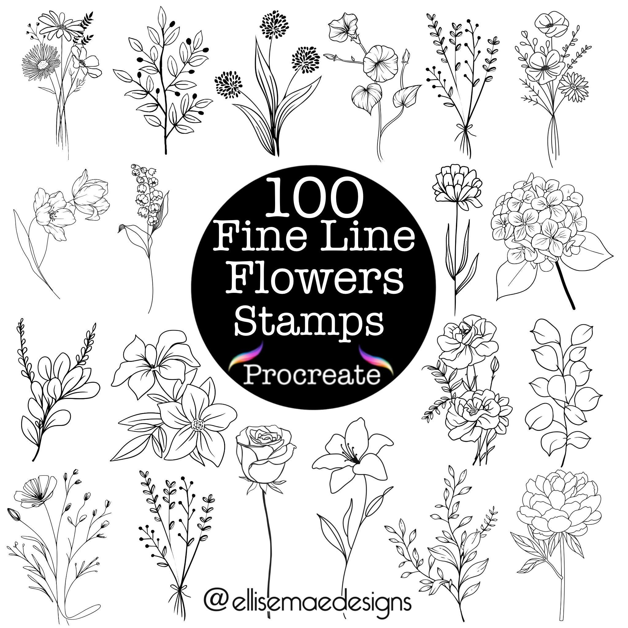 100 Fine Line Floral Tattoo Procreate Stamps: Botanical Designs Outline ...