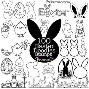 May include: A set of 100 black and white Easter doodle stamps for Procreate. The stamps include bunnies, chicks, eggs, baskets, and other Easter-themed designs.
