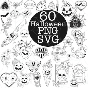 May include: A set of 60 black and white Halloween themed illustrations. The illustrations include pumpkins, ghosts, bats, hearts, coffins, skulls, and more. The text "60 Halloween PNG SVG" is in the center of the image.