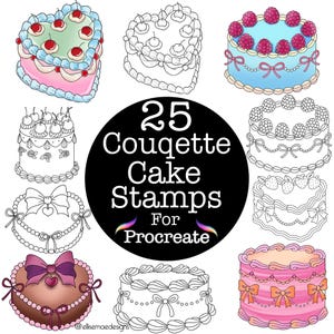May include: A collection of 25 Couquette Cake Stamps for Procreate. The image features various cake designs, including heart-shaped and round cakes, some with cherries, raspberries, and bows. The cakes are in color and line art.