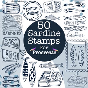 Puede incluir: Un conjunto de 50 sellos de sardinas para Procreate, con diversas ilustraciones de sardinas, latas de sardinas y diseños relacionados. Los sellos son en blanco y negro, con el texto "Sardines" y "For Procreate".