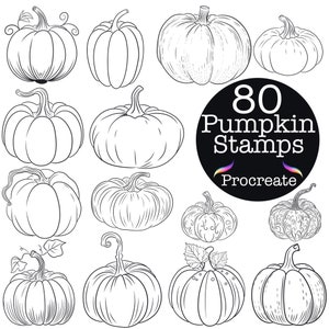 May include: 80 black and white outline pumpkin stamps for Procreate. The stamps are in various shapes and sizes, including some with vines and leaves.