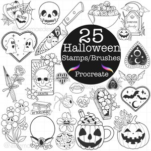 Könnte beinhalten: Ein Set mit 25 schwarzen und weißen Halloween-Stempeln und -Pinseln für Procreate. Die Bilder beinhalten einen Schädel, ein Gespenst, einen Kürbis, eine Spinne, einen Sarg, ein Messer, ein Herz, eine Fledermaus, eine Blume, einen Halbmond, einen Hexenkessel und mehr.